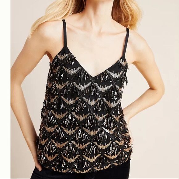 Anthropologie - Black Camisole Top with Gold Sequins Fringe - Picture 1 of 4